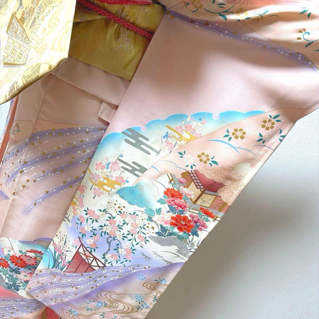 12 振袖フルセット 正絹 薄桃 ピンク 水色 金彩 暈し染め 華やか 小柄さん