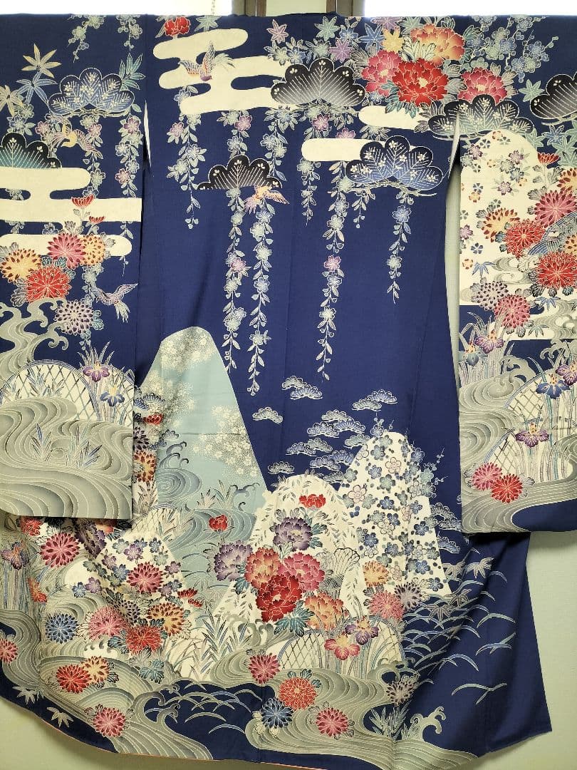 加賀友禅振袖　正絹　藍色　美品　縁起良い柄　成人式　長襦袢つき