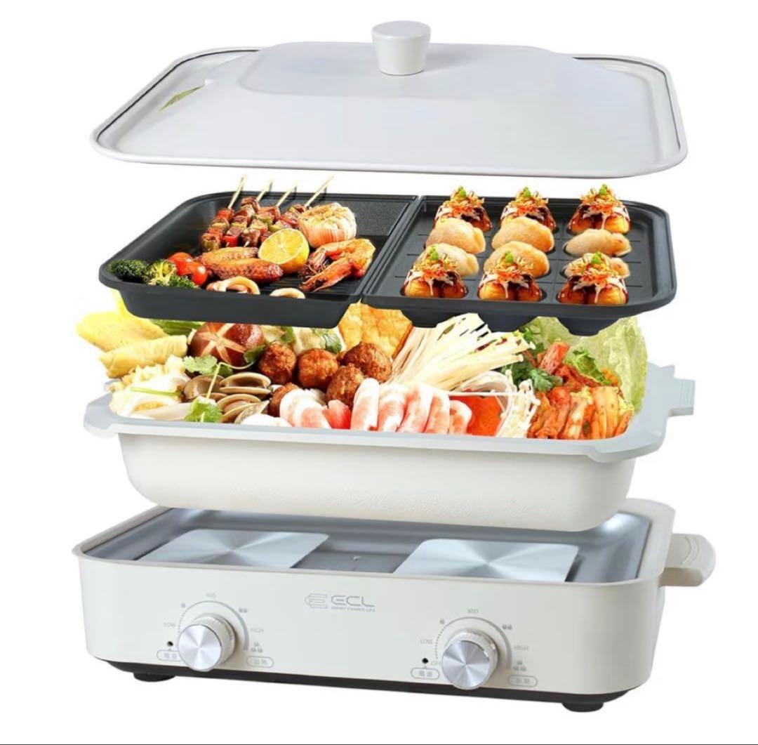 1200W⦿多機能ホットプレートセパレート式✨3枚プレート付・左右温度調整