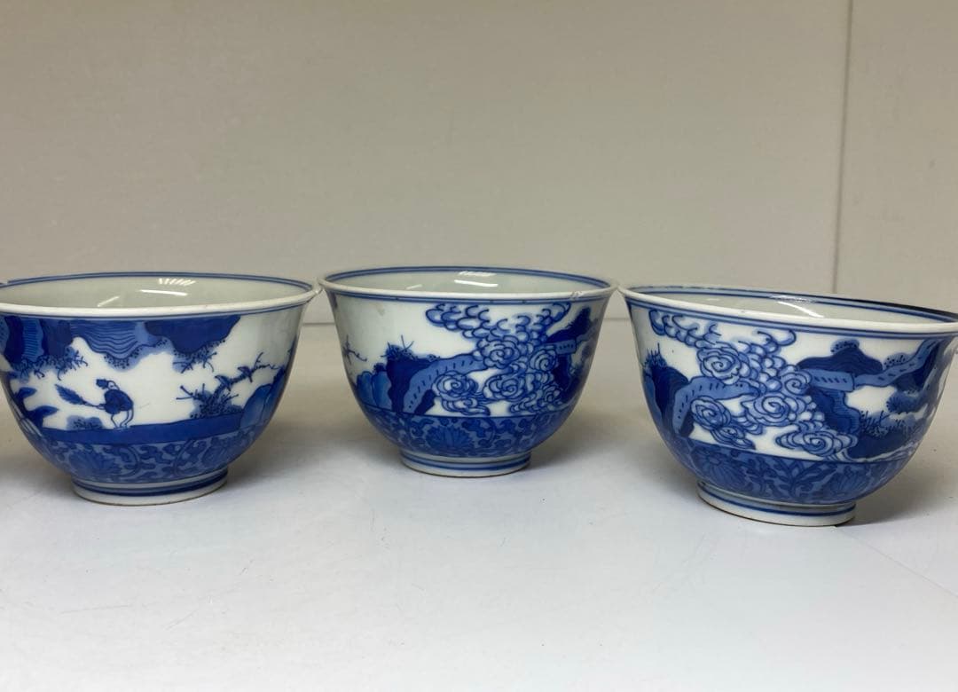 中国古玩　大明嘉靖年製　青花汲出碗5客　径約10.5㎝東Y7-0404③トヒチサ