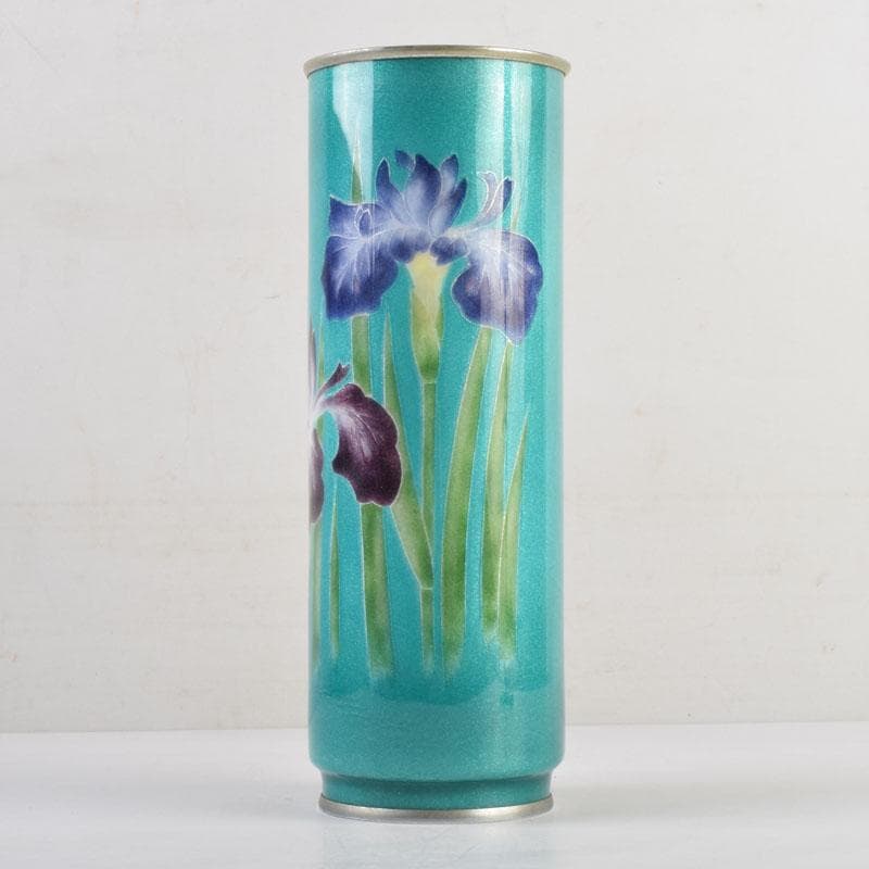 七宝焼　青釉　菖蒲文　筒瓶　花瓶　V　9134