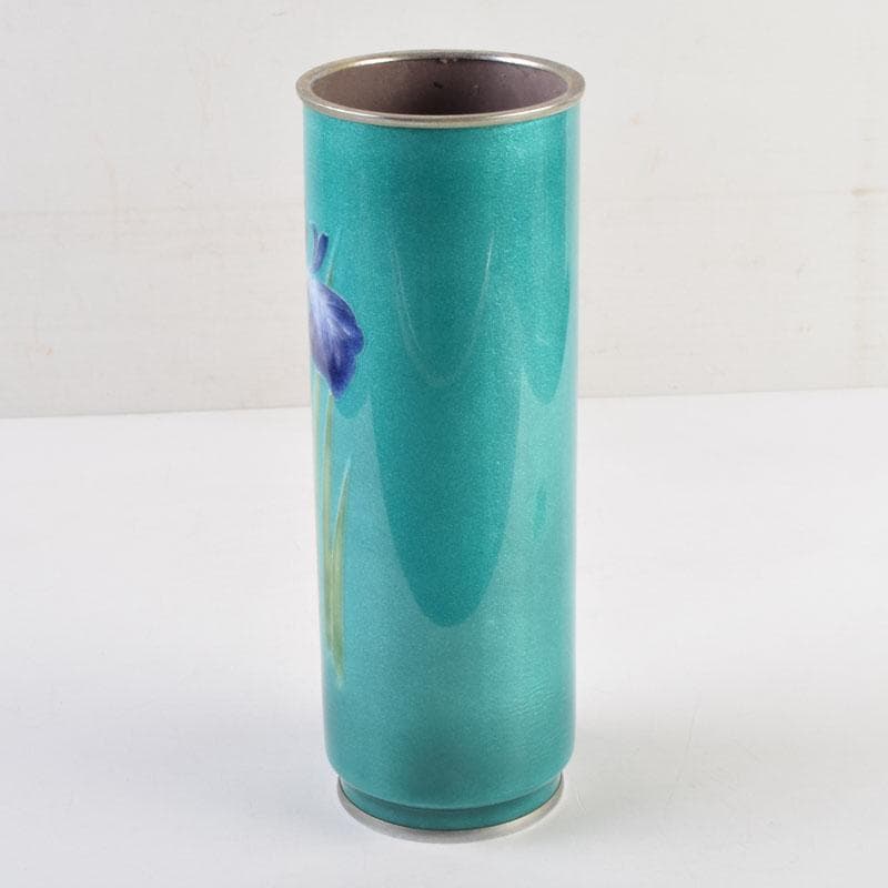 七宝焼　青釉　菖蒲文　筒瓶　花瓶　V　9134