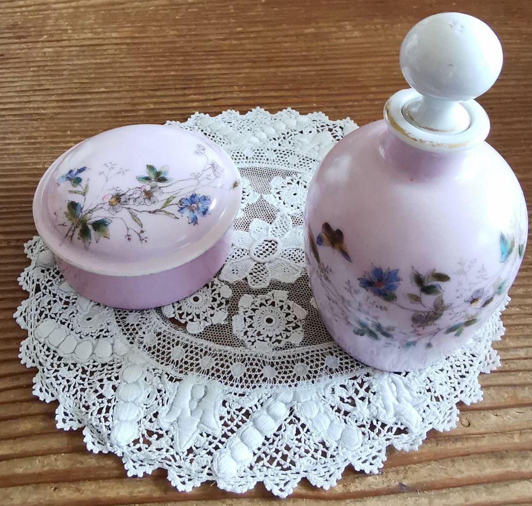 アンティーク リモージュ焼 手描き ビクトリアドレッシングセット ボトル＆宝石箱