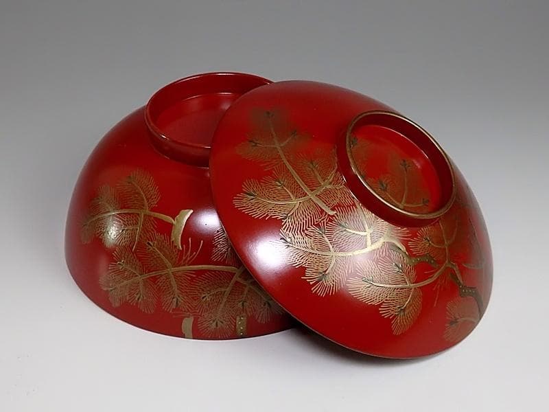 金蒔絵　若松の図　朱塗吸物椀　木製品　５客　A-FFm