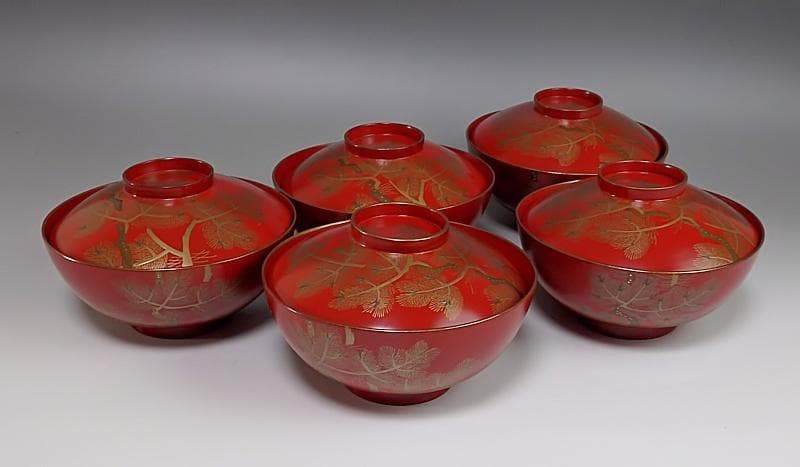 金蒔絵　若松の図　朱塗吸物椀　木製品　５客　A-FFm
