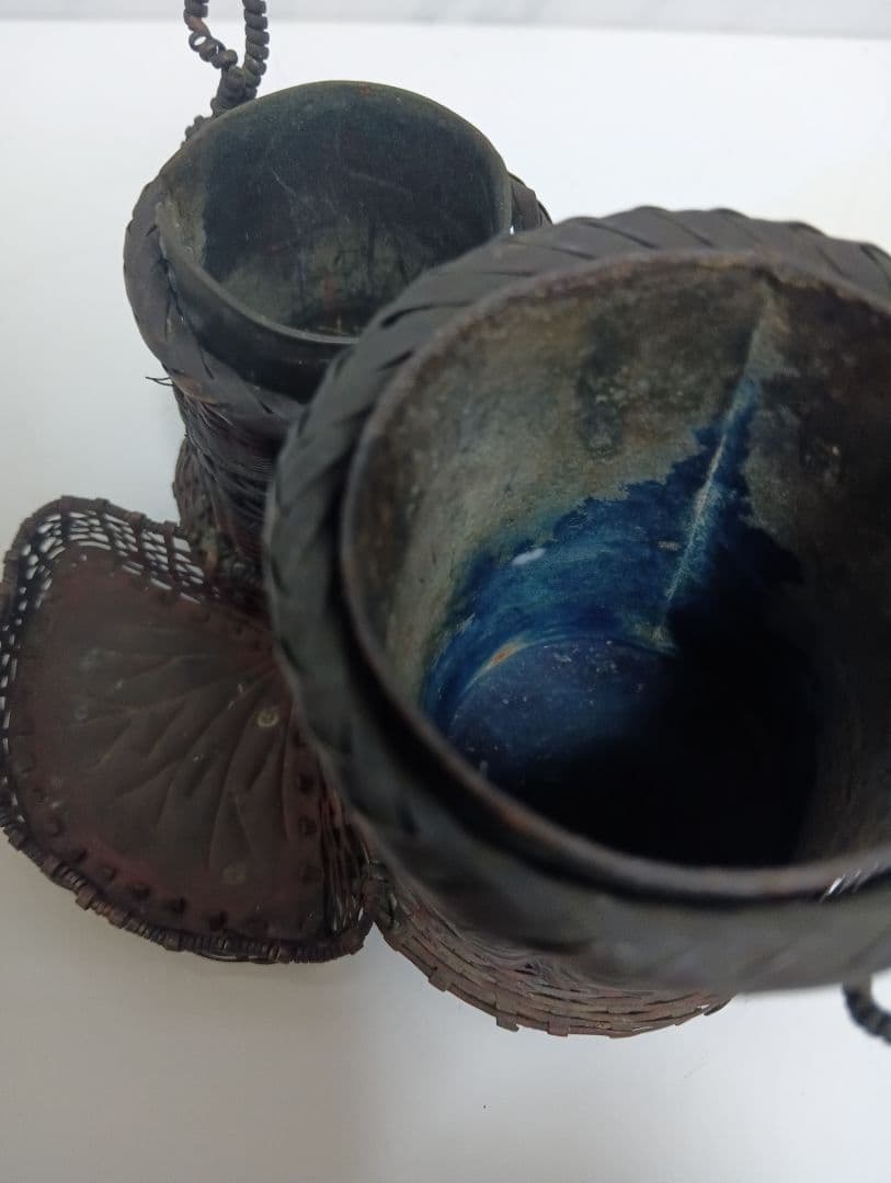 江戸時代武家旧家蔵出古銅製編込み細工茶道具置物アンティーク飾りコレクション