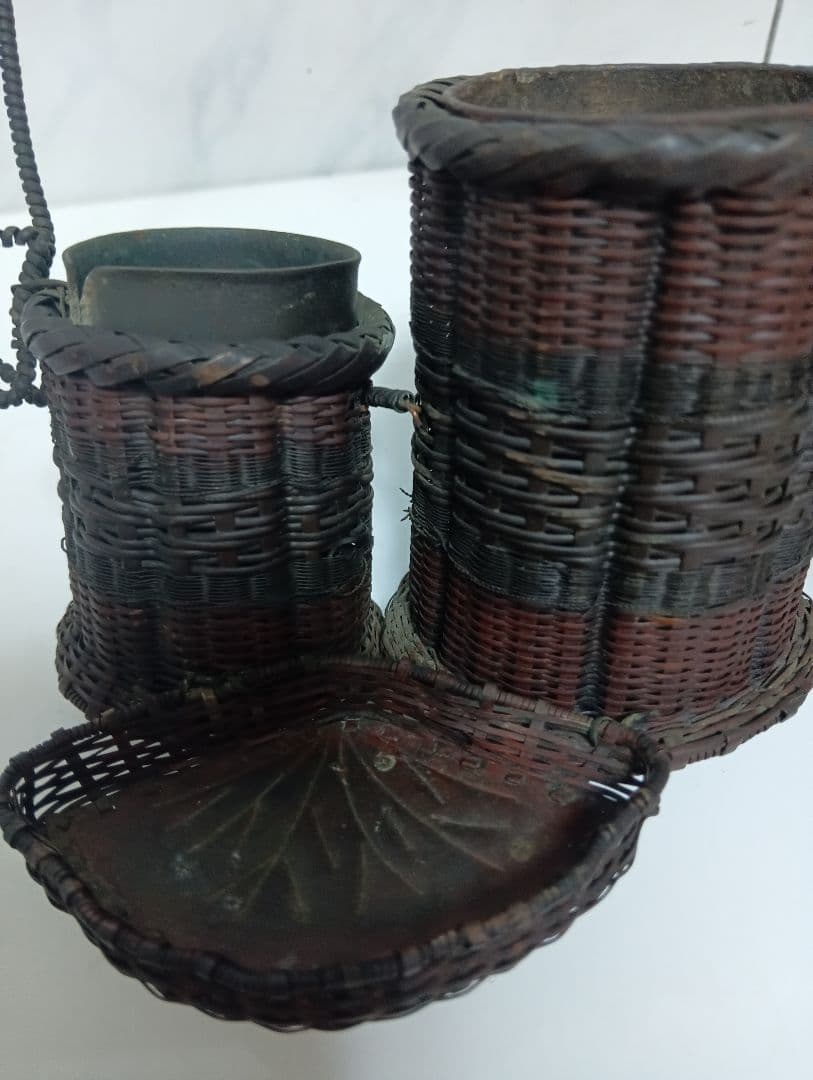 江戸時代武家旧家蔵出古銅製編込み細工茶道具置物アンティーク飾りコレクション