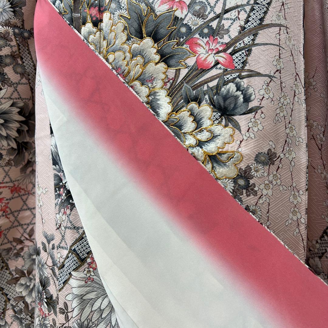 384 振袖フルセット 正絹 ピンク 桃 金彩 刺繍 駒刺繍 フェミニン 総柄
