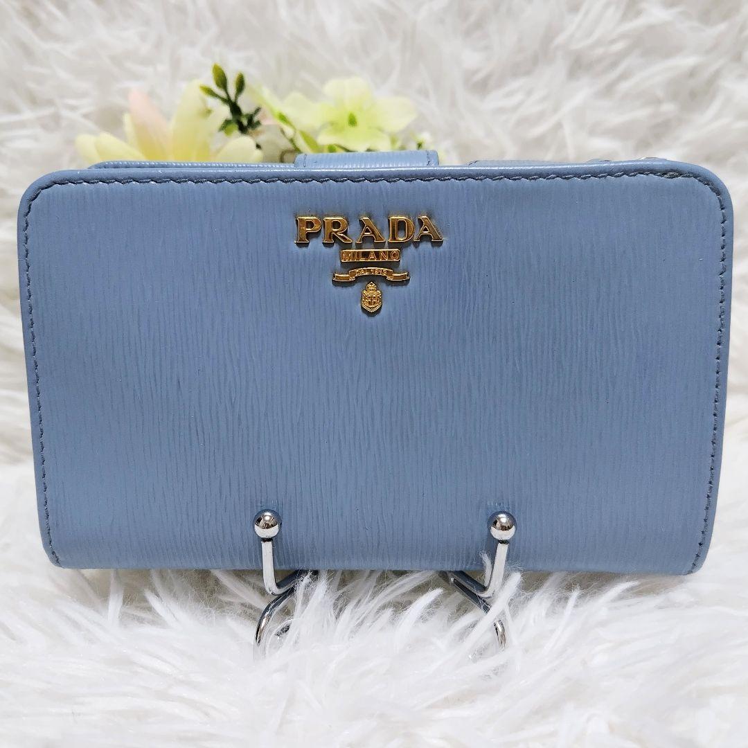 レア極美品✨プラダ◇バイカラーミディアム二つ折り財布　ゴールド金具ネイビーブルー