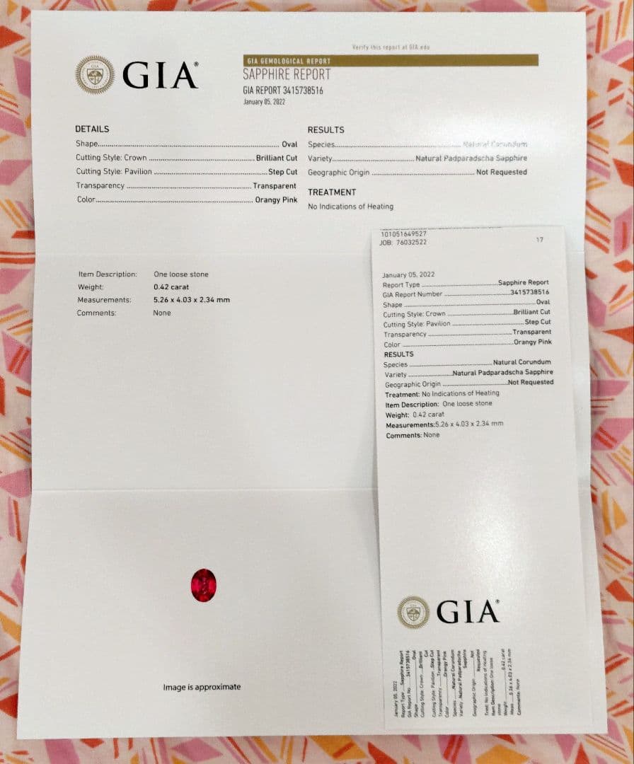 パパラチアサファイア　非加熱　リング　プラチナ　１１号　オーバル