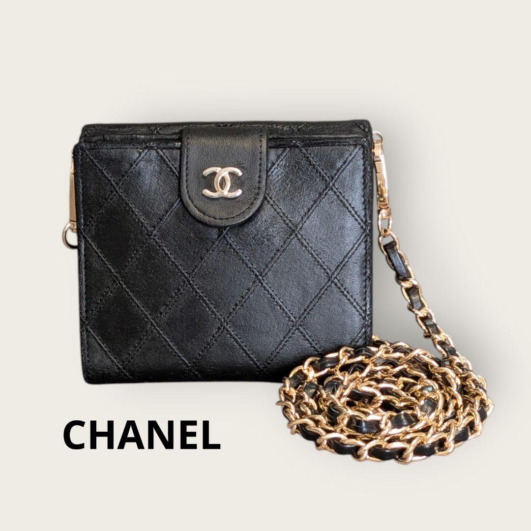 シャネル　ビコローレ　Wホック折り財布　ラムスキン　黒　ミニ財布　ショルダー