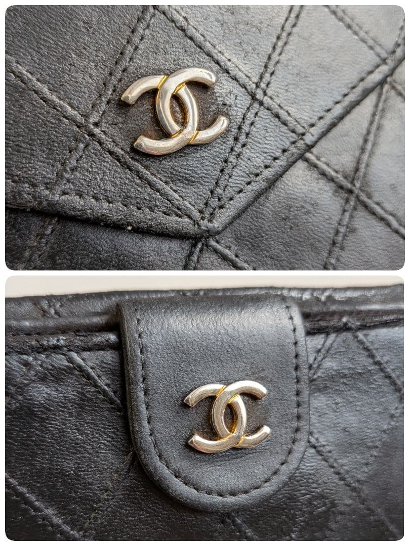 シャネル　ビコローレ　Wホック折り財布　ラムスキン　黒　ミニ財布　ショルダー