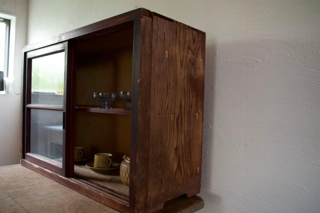木製ガラス戸棚　食器棚　古家具　アンティーク