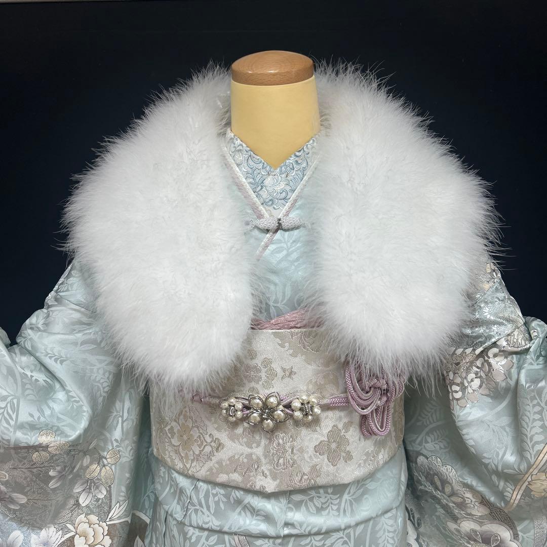 水色の牡丹や菊の上品な振袖フルセット(大きくお仕立て出来ます)