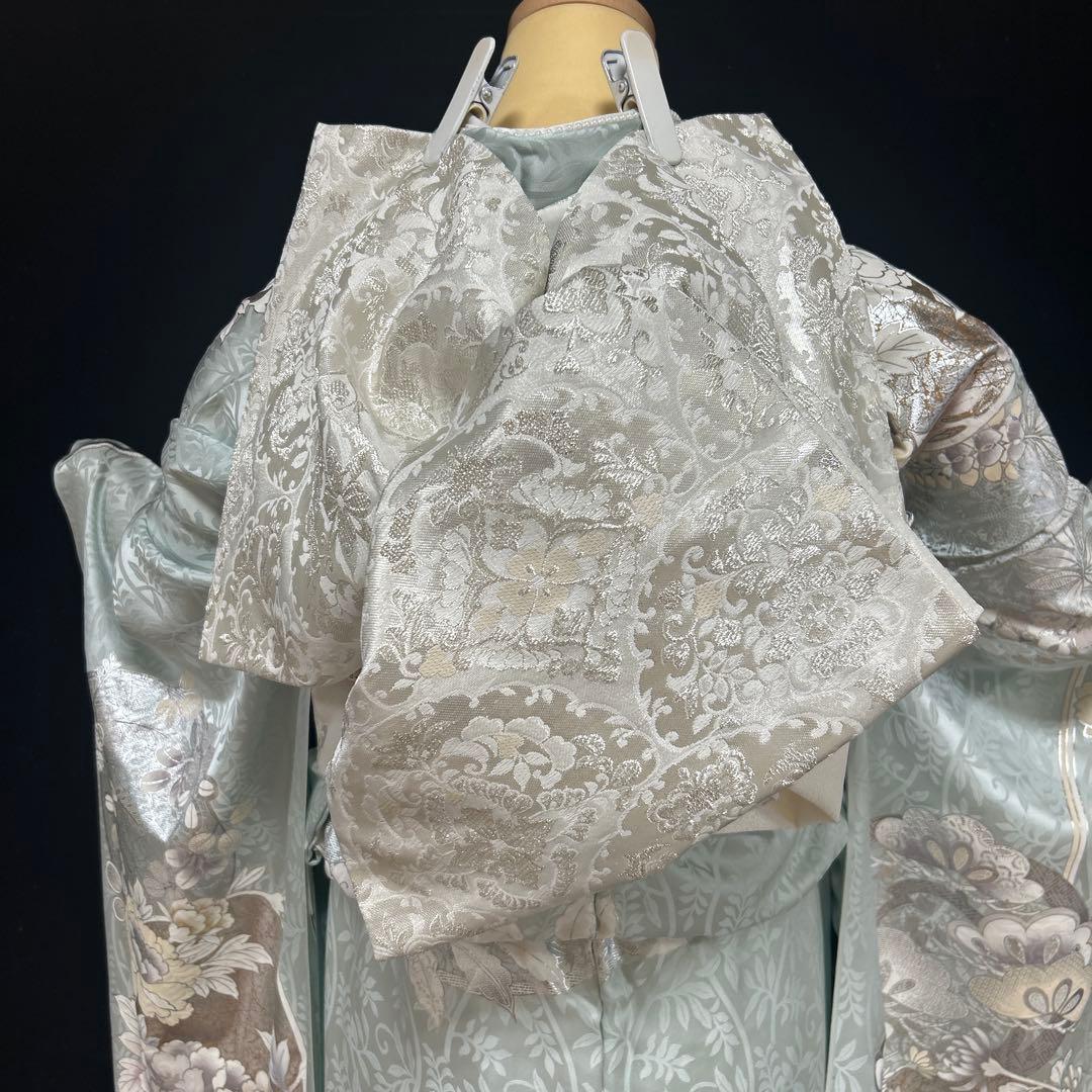 水色の牡丹や菊の上品な振袖フルセット(大きくお仕立て出来ます)