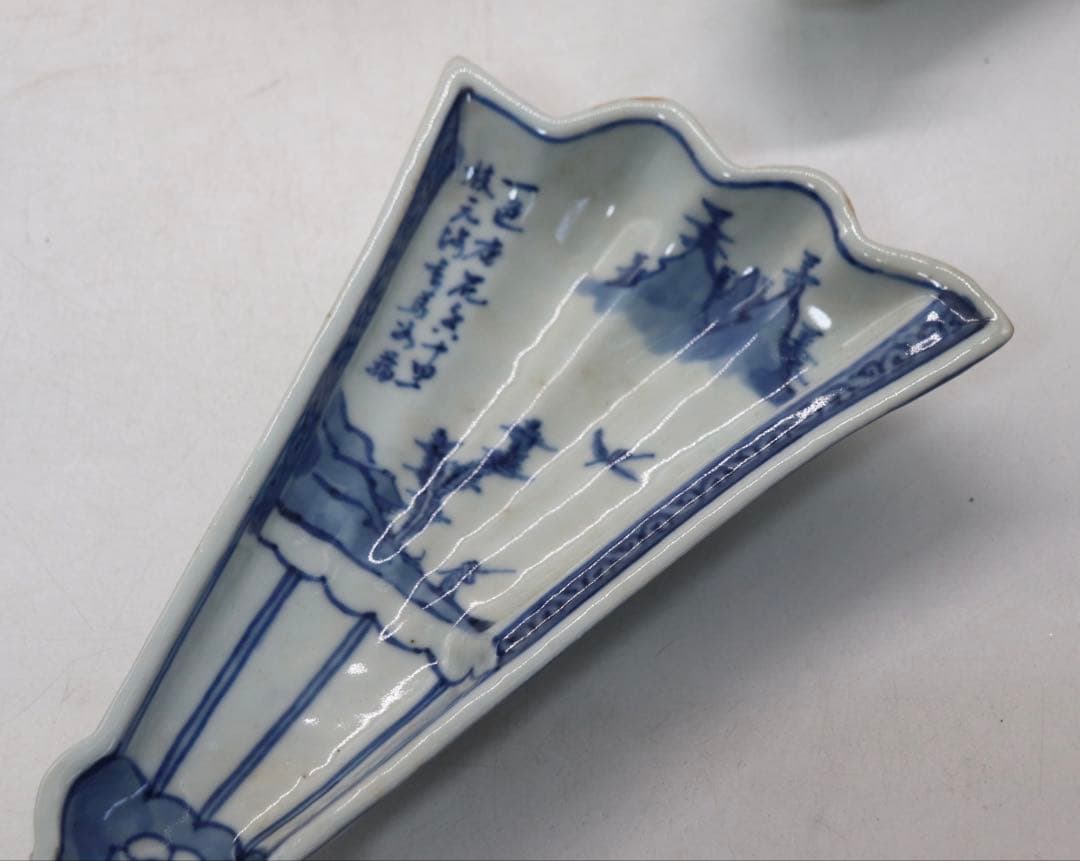 古染　扇型山水人物紋皿5点　送料込み250115