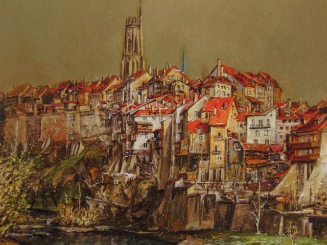 花巻碧、岸辺の家並、希少な画集より、新品高級額・額装付、状態良好