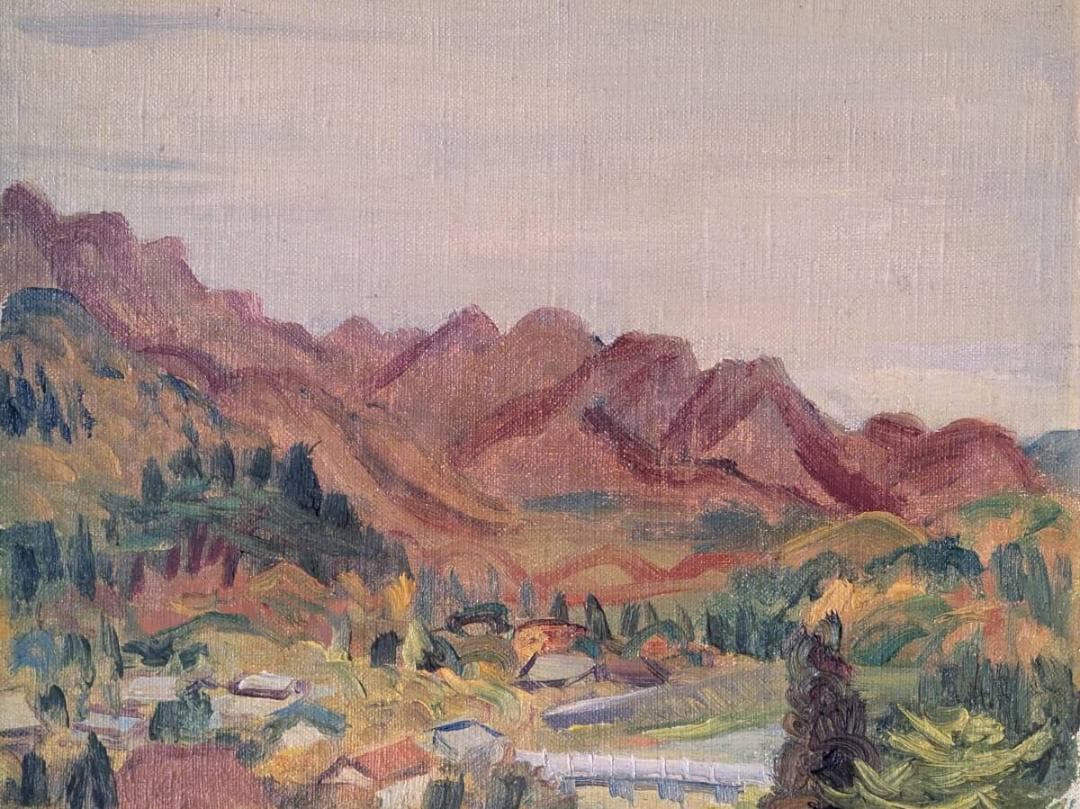 【模写】絵画　平塚運一　油彩3号（ボード）　甲州風景　重厚な筆致　箱入　W188