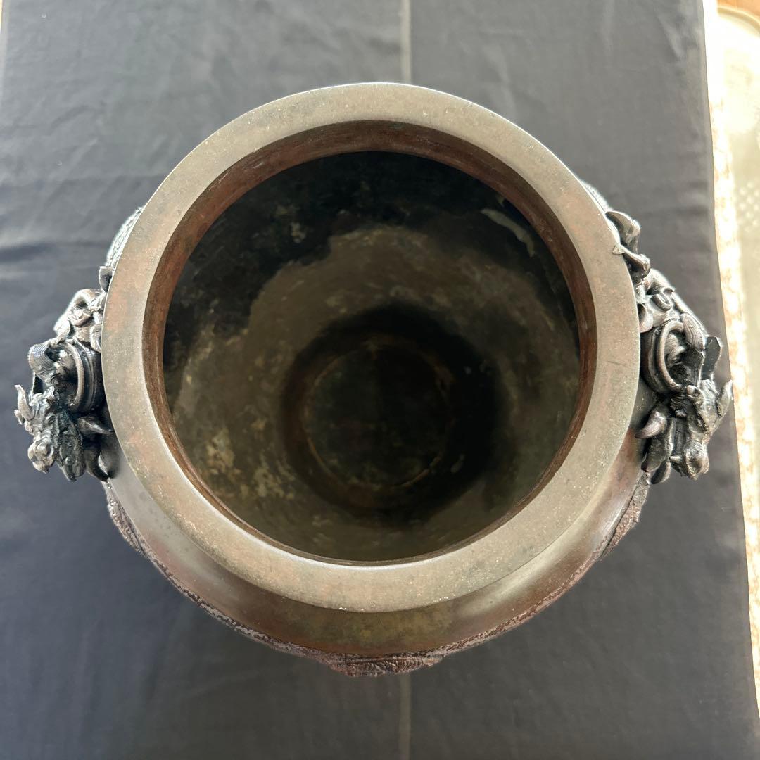 【アンティーク　骨董品】真鍮製　銅製耳付き花瓶　龍　鳳凰　茶道具　銅鉄器　縁起物