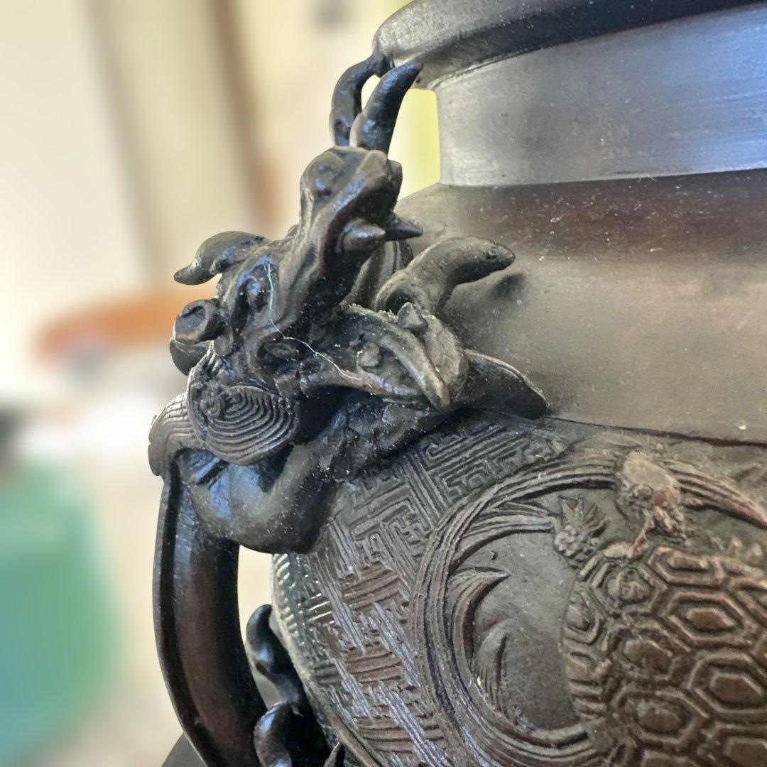 【アンティーク　骨董品】真鍮製　銅製耳付き花瓶　龍　鳳凰　茶道具　銅鉄器　縁起物