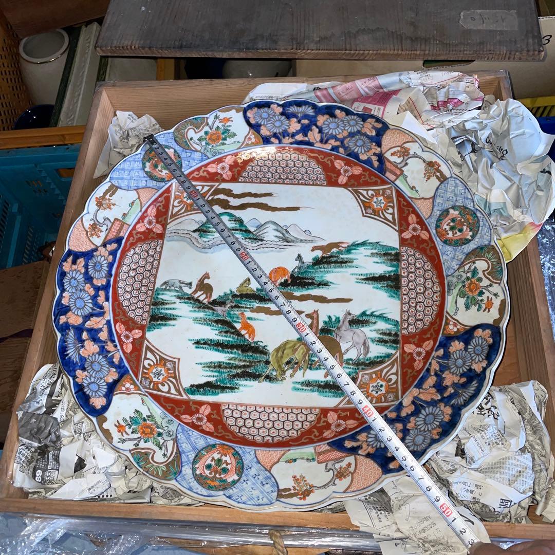 古伊万里 大皿 額皿 馬 飾皿 色絵 金彩 46cm 共箱入 大皿 陶磁器