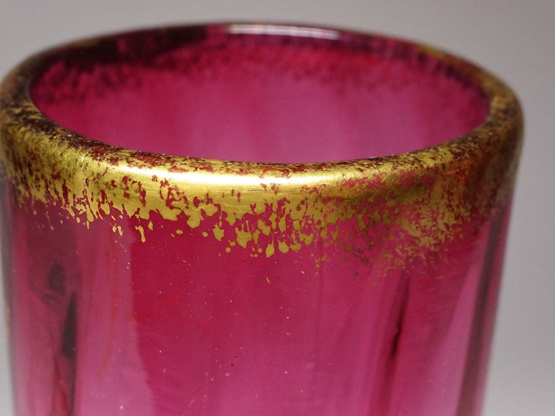 20世紀初頭 フランスアンティーク 金赤ガラス エナメル・金彩スミレ図花瓶 花器