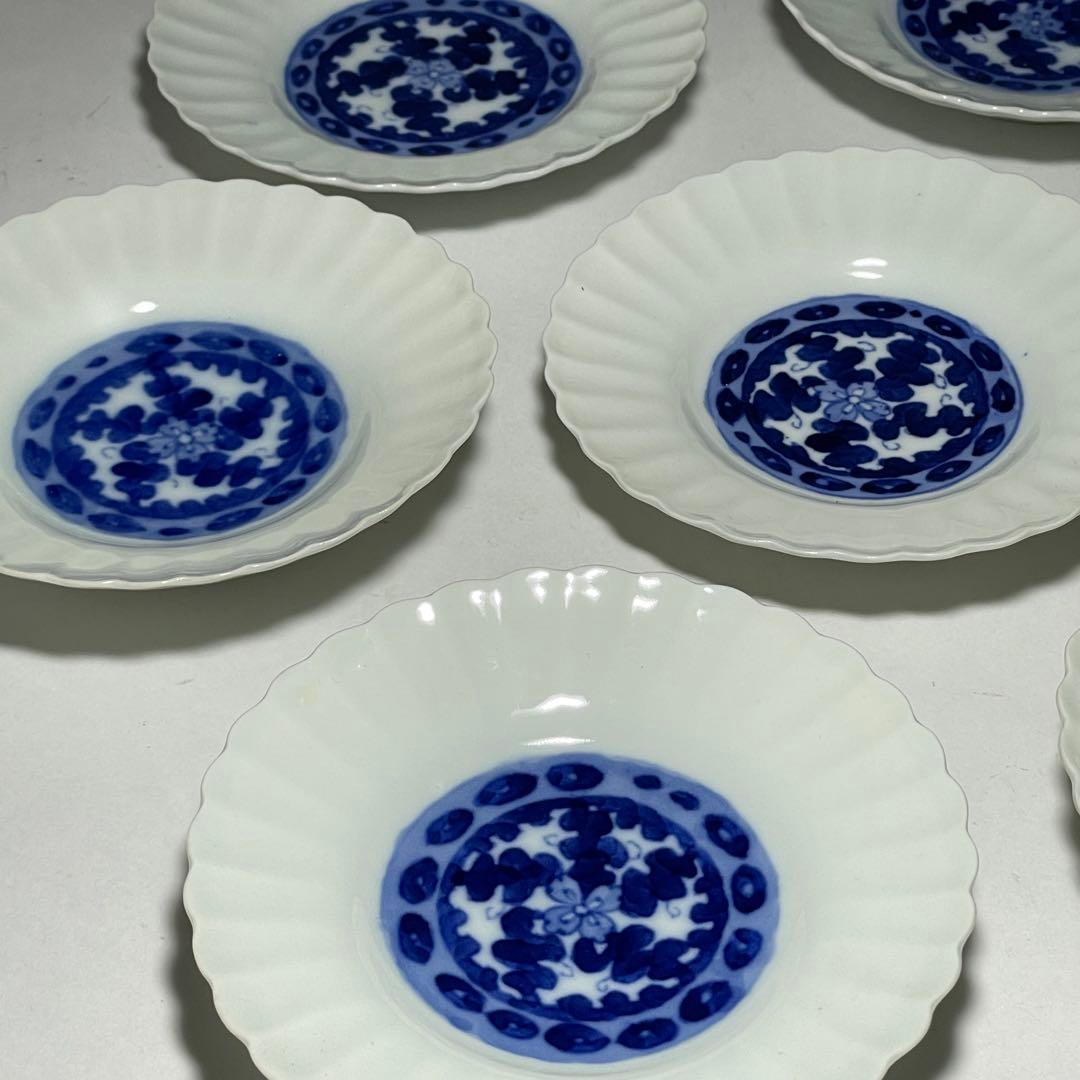 ◆染付菊形輪花皿7枚 花文 小皿中皿 旧家蔵出し品 美品 江戸幕末期〜明治初期◆