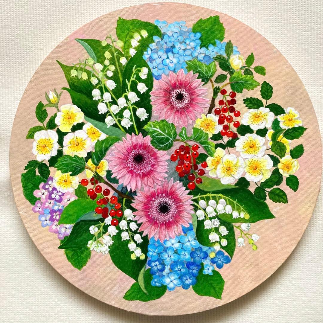 花の絵　アクリル画　原画「スズランとスグリの実のあるアレンジ」30cm