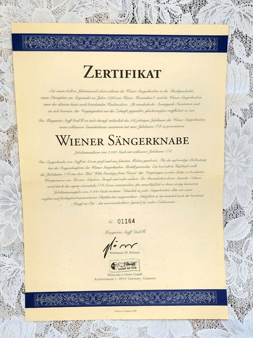 【 シュタイフぬいぐるみ 】ウィーン少年合唱団&CD付き　1164/3000