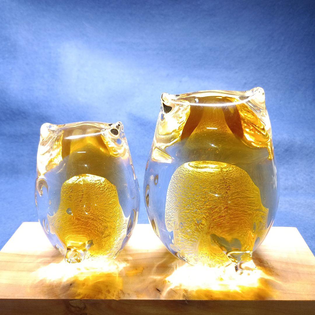 津軽びいどろ親子フクロウ ガラスオブジェ 2個セット