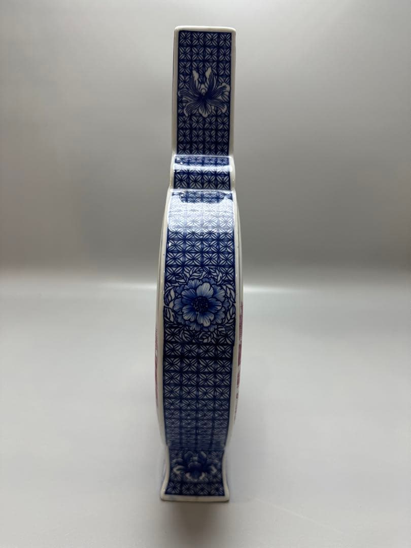 中国 春月作 山水細密画 扁壷 瓶 高23.5cm