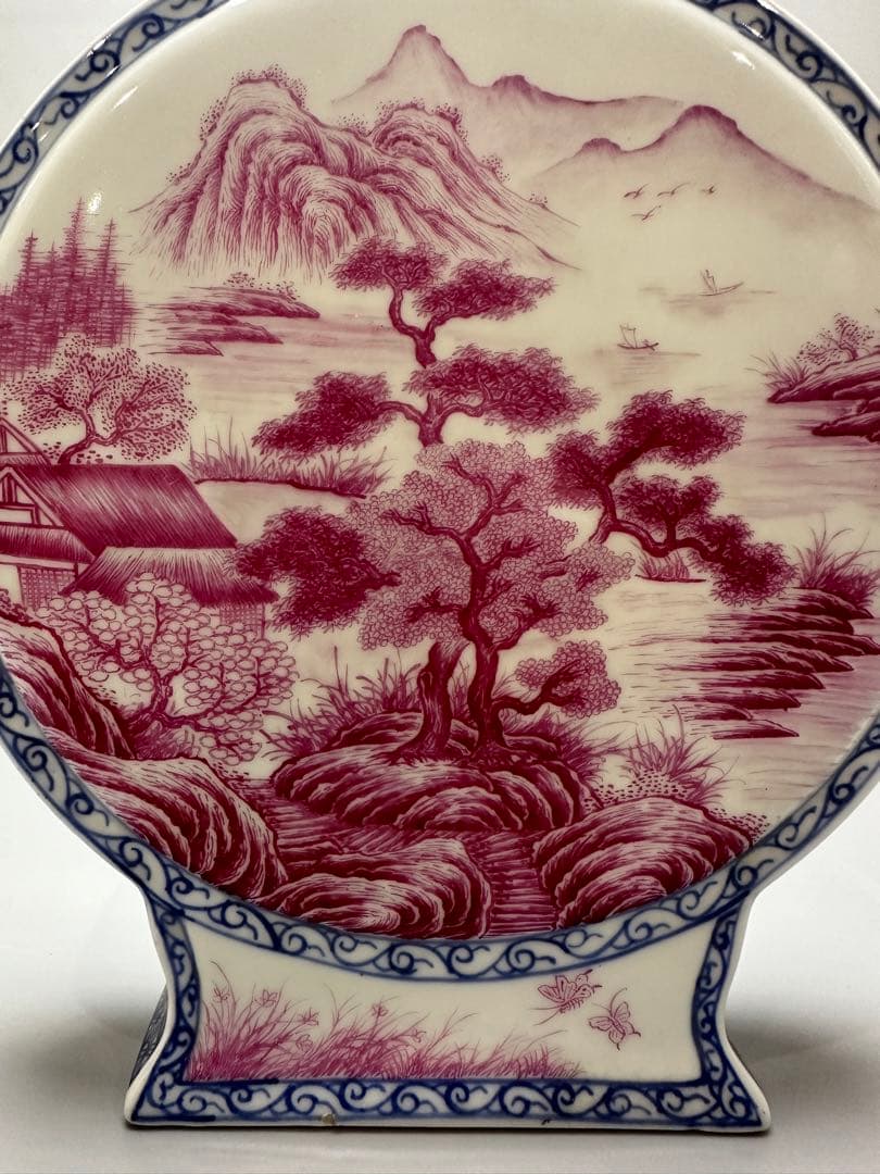 中国 春月作 山水細密画 扁壷 瓶 高23.5cm