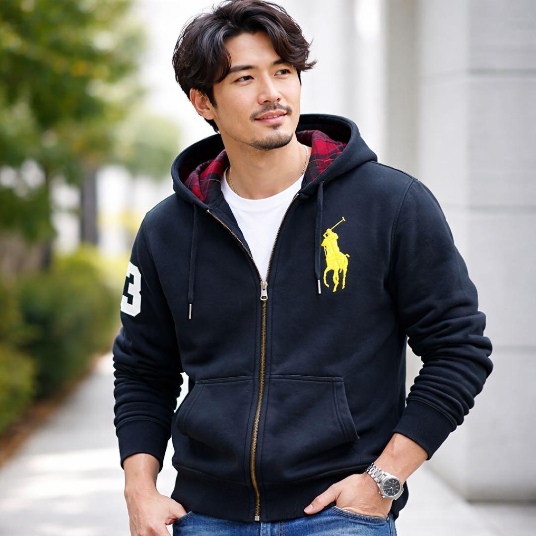 ポロ ラルフローレン UNISEX ビッグポニー ジップパーカー 黒 裏チェック
