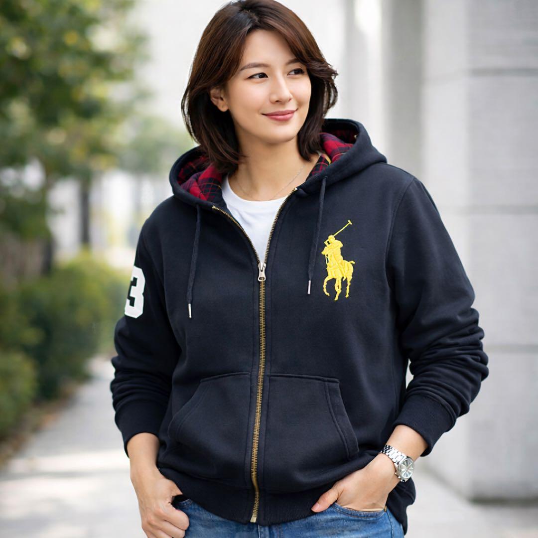 ポロ ラルフローレン UNISEX ビッグポニー ジップパーカー 黒 裏チェック