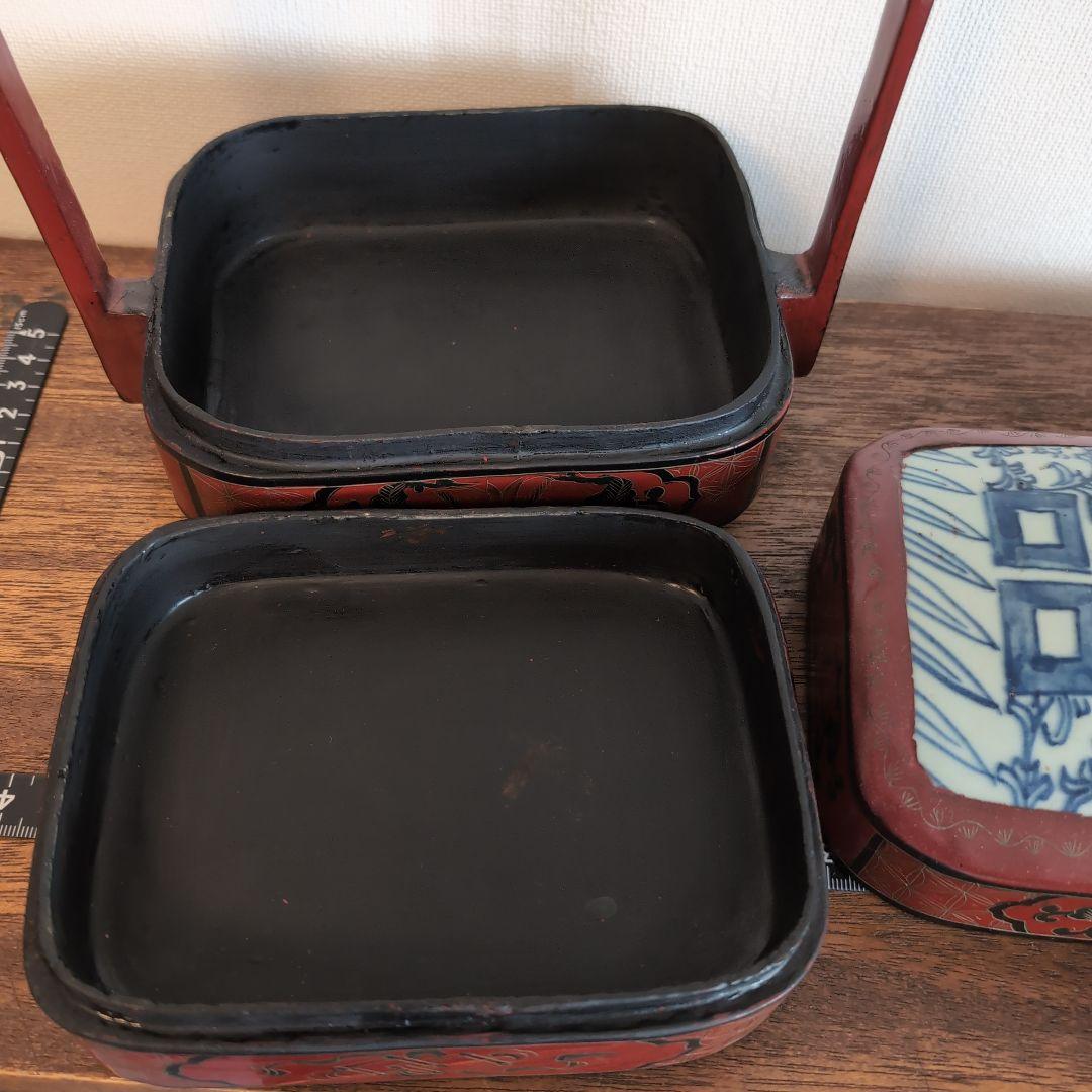 中国古玩　古染付上蓋　三段取手付重　漆器 菓子器・喰籠 古美術　骨董