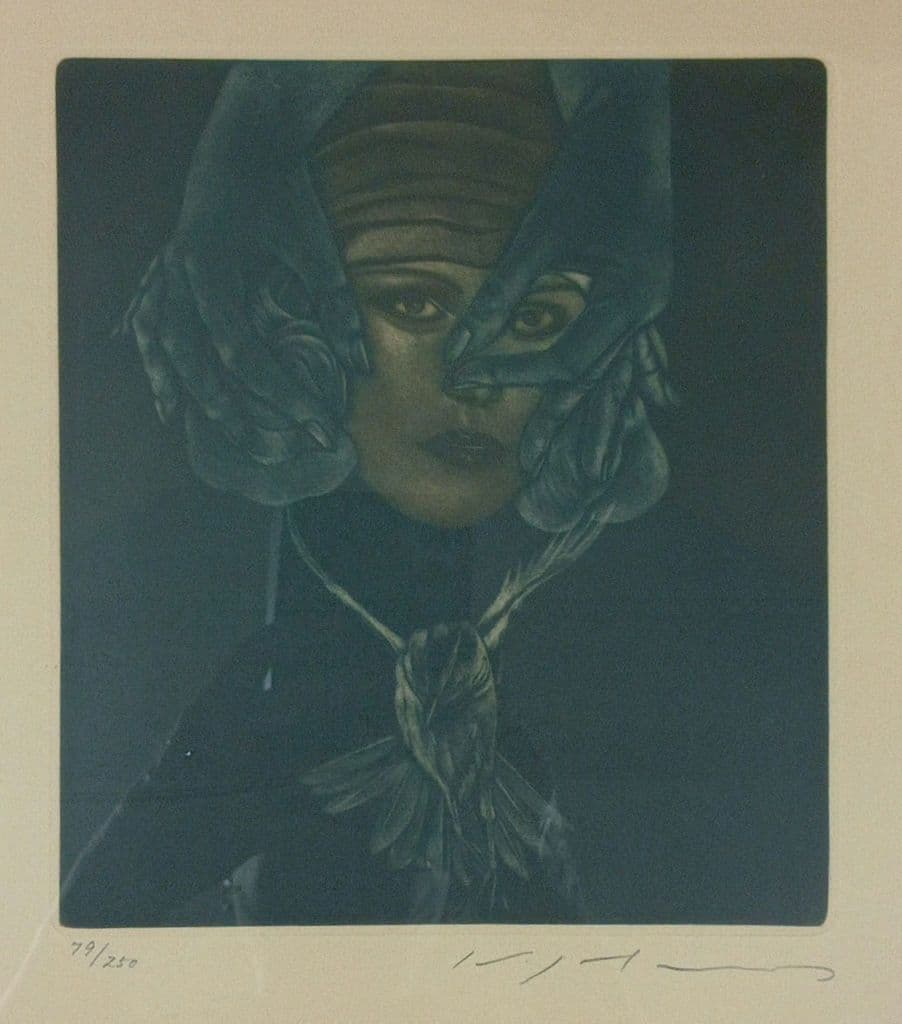 池田満寿夫 メゾチント　鳥のネックレス　79/250 鉛筆サイン入り　真作