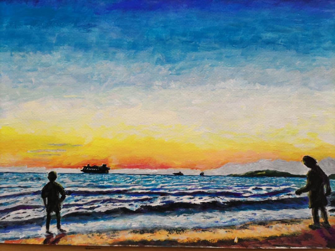 【一点物原画】夕暮れの海と船 F6号　アクリル画