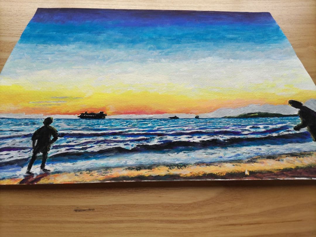 【一点物原画】夕暮れの海と船 F6号　アクリル画