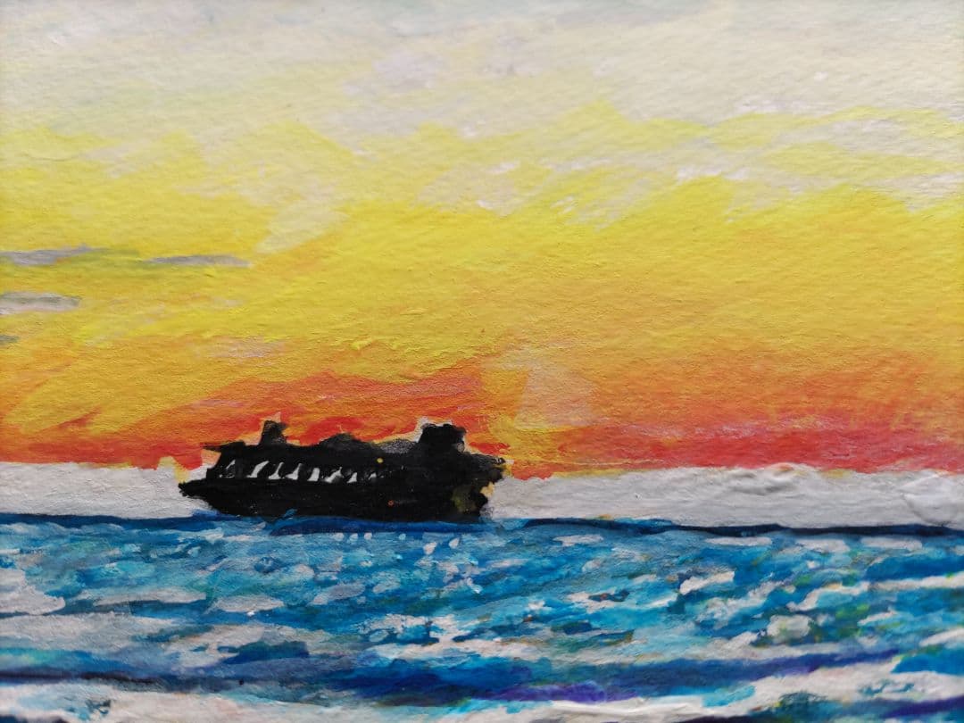 【一点物原画】夕暮れの海と船 F6号　アクリル画