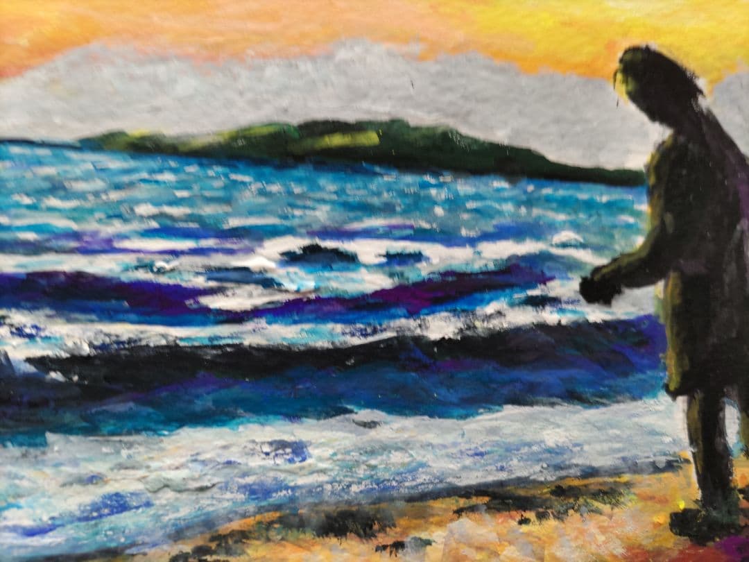 【一点物原画】夕暮れの海と船 F6号　アクリル画