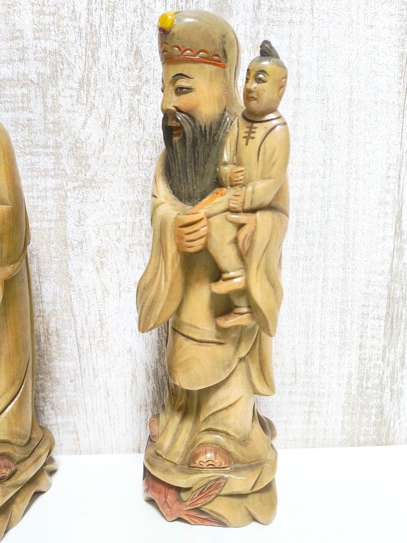 福禄寿 三星 木彫り 置物 3体 まとめ売り 像 神様 縁起物 中国 27cm