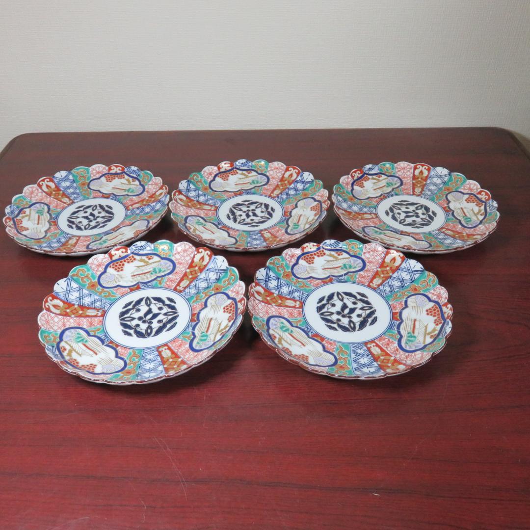 丸皿 林九郎 三方割元禄地紋 和文 花弁縁 色絵付 金彩 5枚