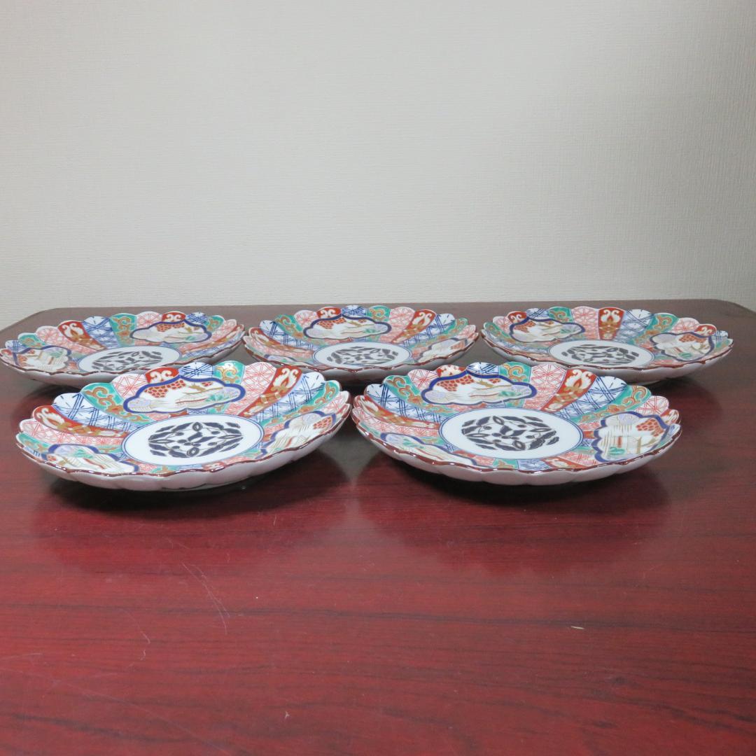 丸皿 林九郎 三方割元禄地紋 和文 花弁縁 色絵付 金彩 5枚