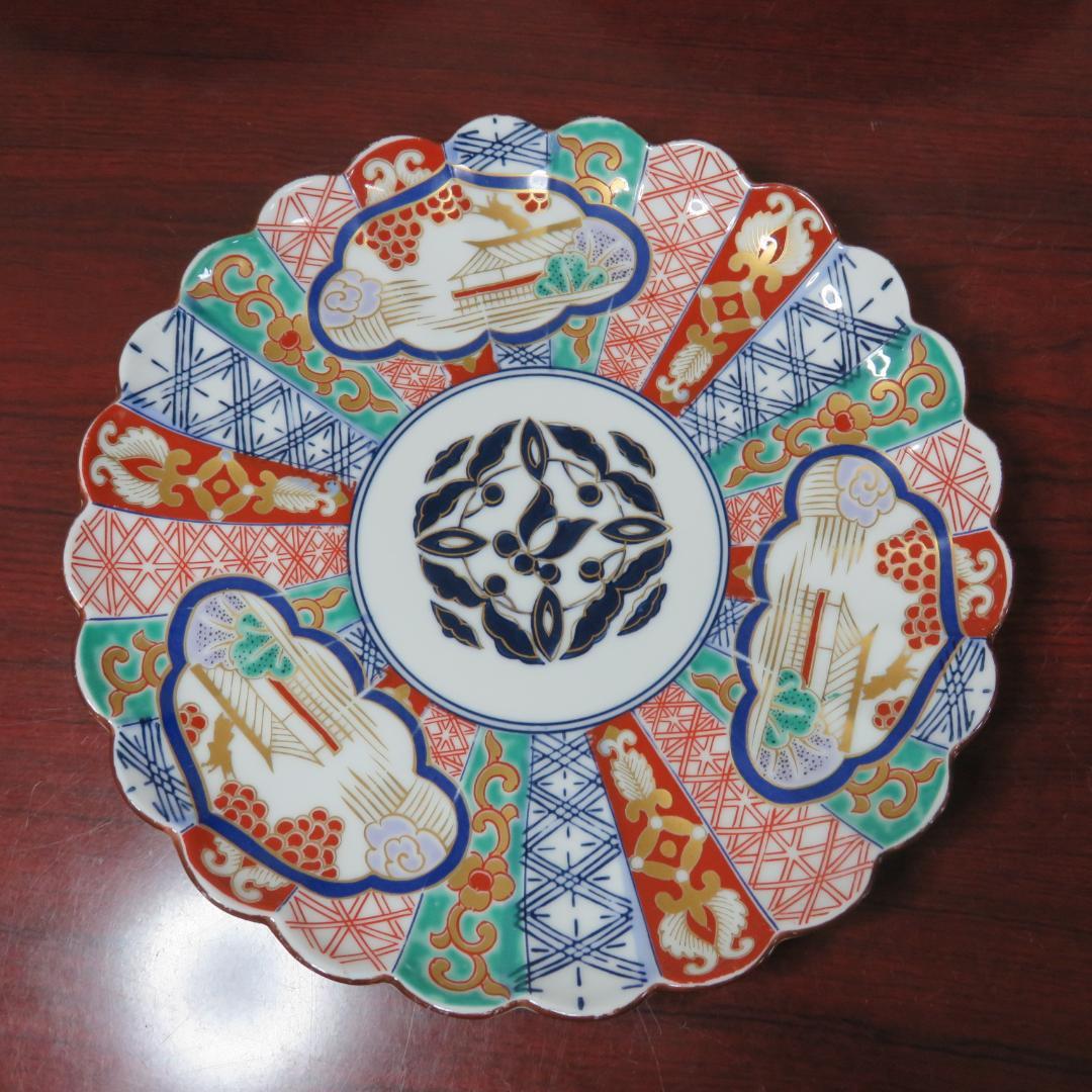 丸皿 林九郎 三方割元禄地紋 和文 花弁縁 色絵付 金彩 5枚