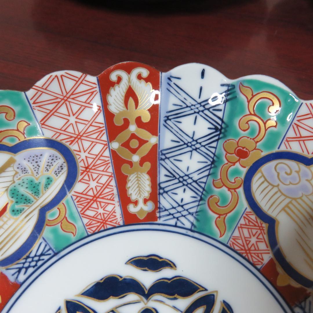 丸皿 林九郎 三方割元禄地紋 和文 花弁縁 色絵付 金彩 5枚