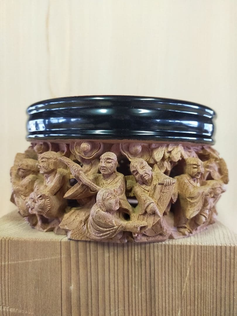 欅香炉台 一刀彫５寸 １６羅漢