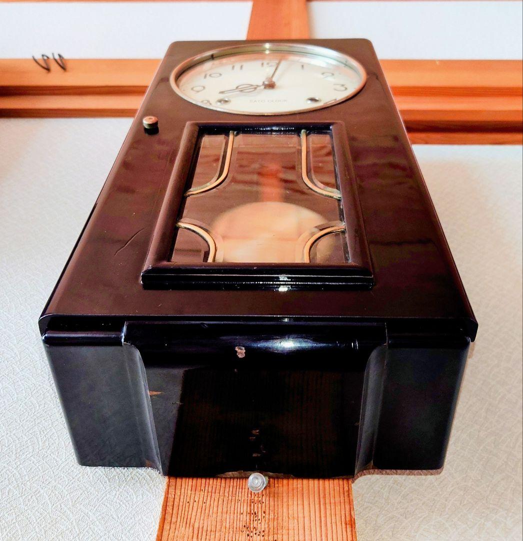 〈完動・美品〉佐藤時計地球鶏印　黒漆塗り箱型ゼンマイ振り子時計