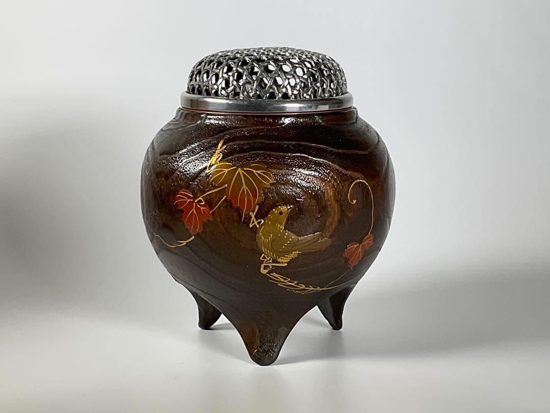 桐蒔絵　香炉　蔦に鳥　銅おとし　茶道具　香道具　共箱