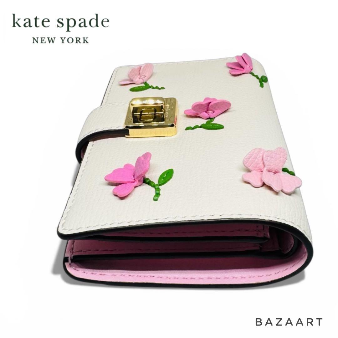 kate spade ケイトスペード 二つ折り財布 レザー フローラルアップリケ