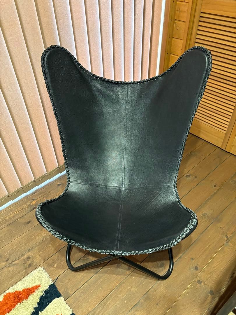 美品 ビカーサ購入 黒レザー バタフライチェア 手縫い 本革